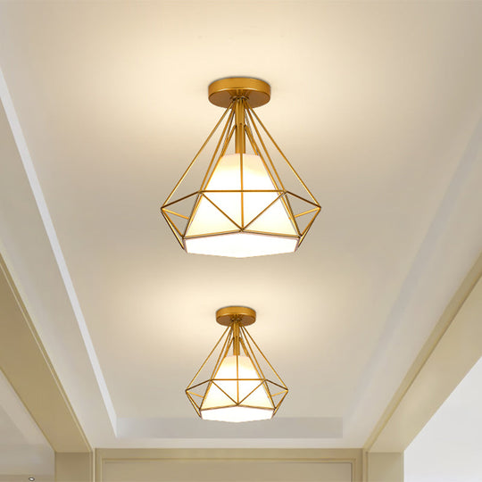 Diamond - Cage Industrial Bedroom Pendant Light - Vintage Gold Semi Flush Mount Ceiling Fixture