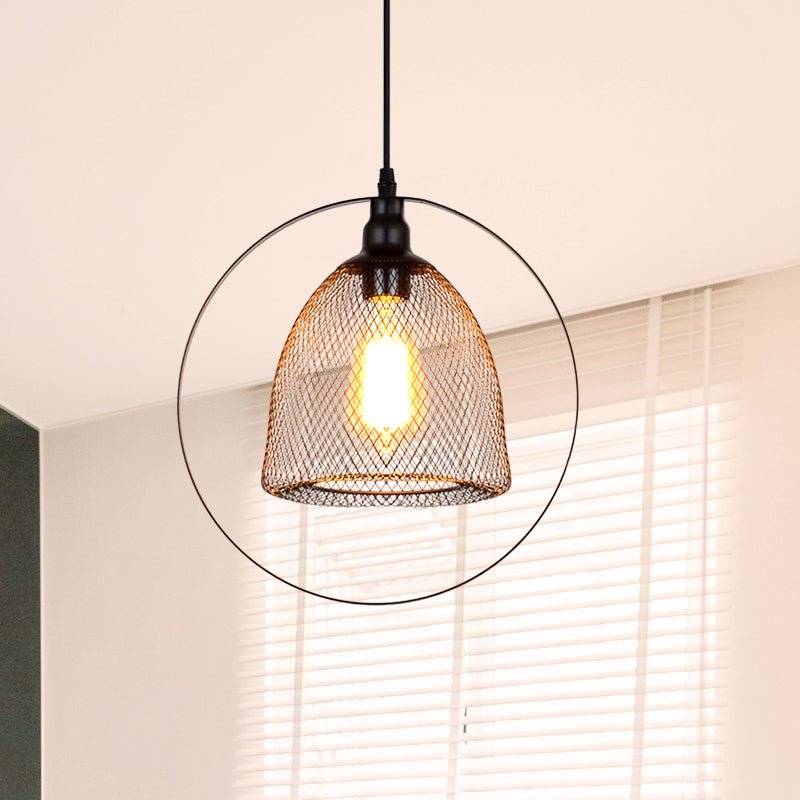 Industrial Metal Hanging Pendant Light In Black For Living Room - Single Bell/Dome Design