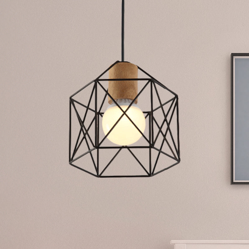 Retro Industrial Hexagon/Star Hanging Fixture - Metal & Wood Ceiling Lighting With Cage Shade