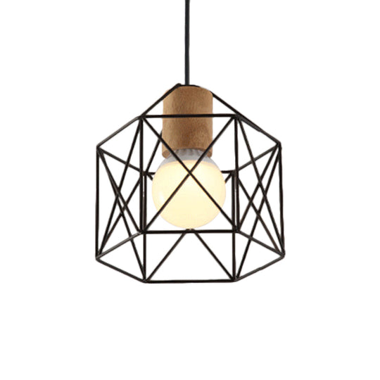 Industrial Retro Hanging Fixture - 1 Head Metal/Wood Ceiling Light With Cage Shade Black