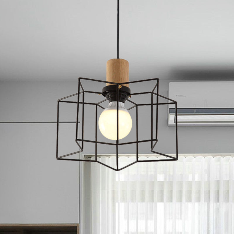 Industrial Retro Hanging Fixture - 1 Head Metal/Wood Ceiling Light With Cage Shade Black