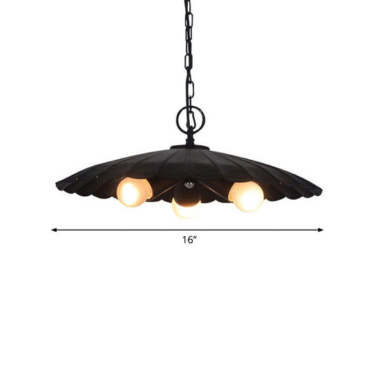 Rustic Industrial Scalloped Pendant Lighting - 3 Bulbs Black Iron Chandelier For Living Room