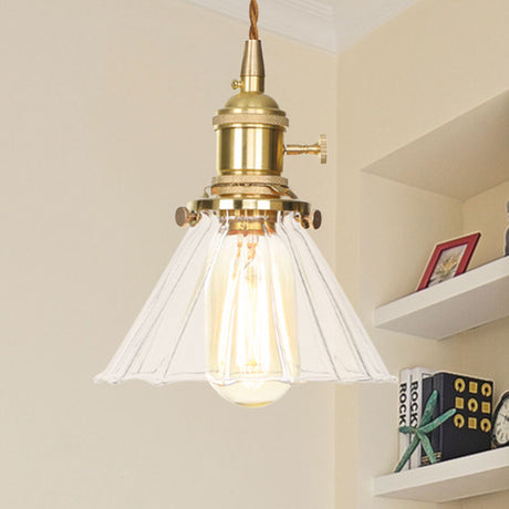 Retro Style Conical Pendant Light With Clear Ruffle Glass For Foyer