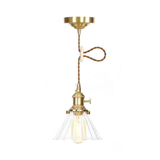 Retro Conical Pendant Light With Clear Ruffle Glass For Foyer - 1