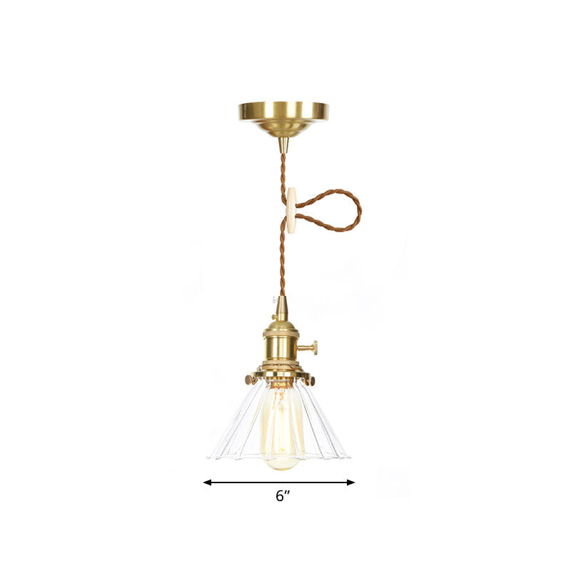 Retro Conical Pendant Light With Clear Ruffle Glass For Foyer - 1