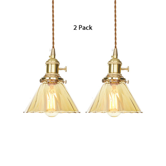 Amber Ruffle Glass Pendant Lamp - Retro Flared Style 1-Light Ceiling Hanging Light For Kitchen / 2