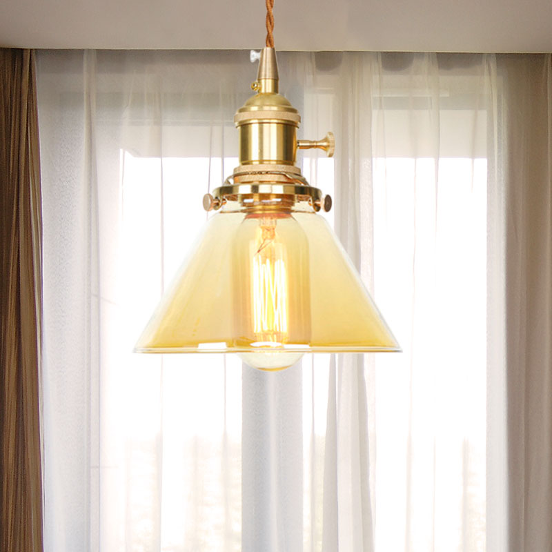 Amber Glass Industrial Pendant Lamp - Adjustable Cord Hanging Ceiling Light 1 Cone Design