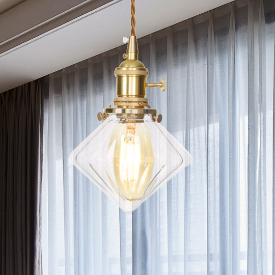 Vintage Brass Pendant Light: Single Light Gem Suspension With Ribbed Glass