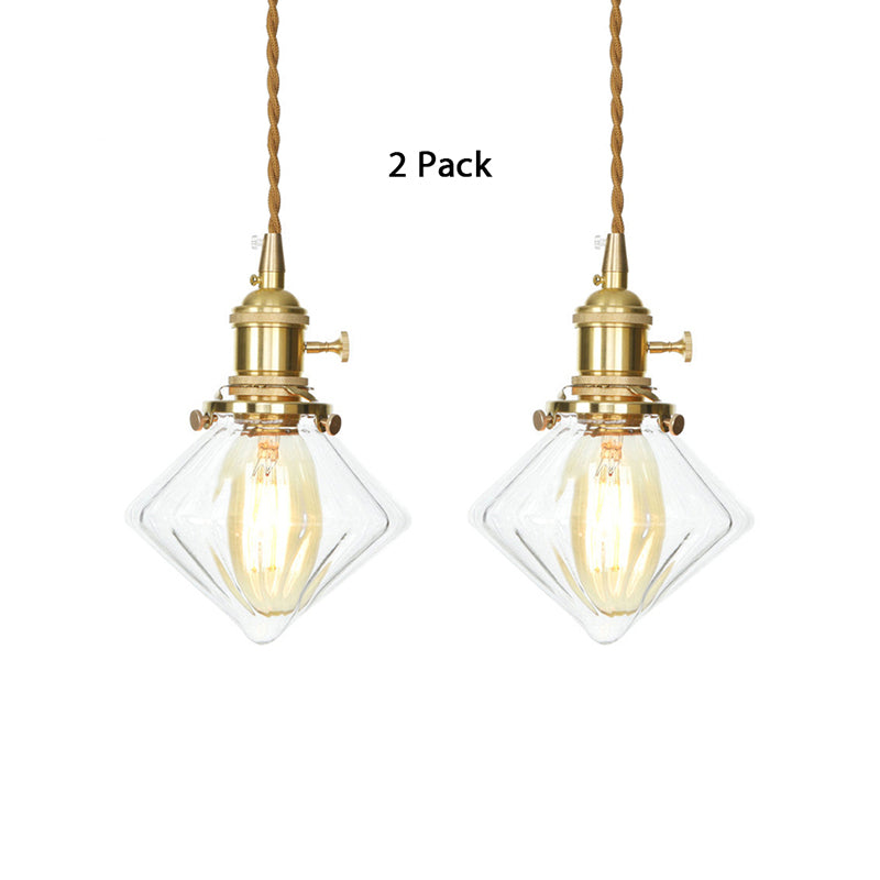 Vintage Brass Pendant Light: Single Light Gem Suspension With Ribbed Glass Clear / 2