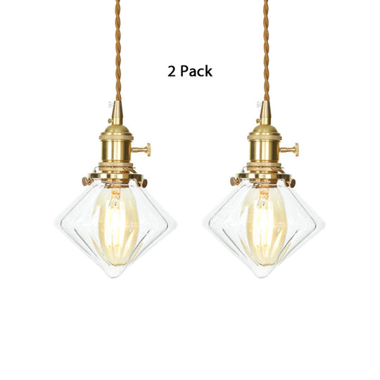 Vintage Brass Pendant Light: Single Light Gem Suspension With Ribbed Glass Clear / 2