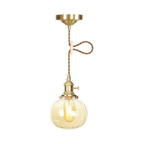 Amber Glass Melon Pendant Lamp: Retro Vintage Hanging Fixture For Dining Room