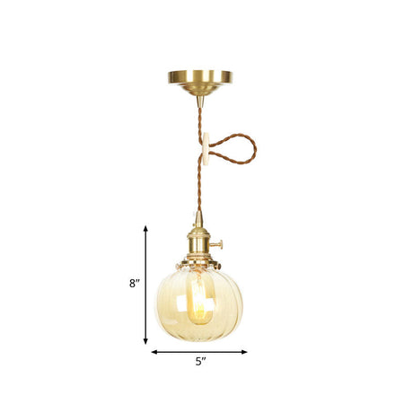 Amber Glass Melon Pendant Lamp: Retro Vintage Hanging Fixture For Dining Room