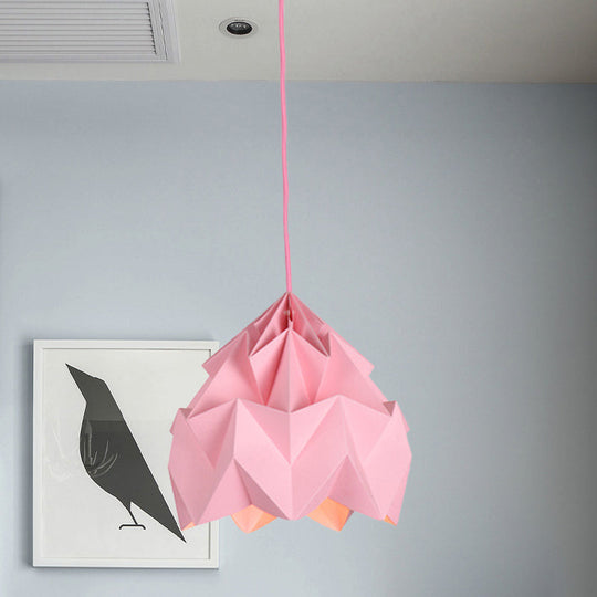 Origami Ceiling Pendant Light Macaron Paper 9.5’/15’ Dia 1-Light Hanging Lamp - Pink/White/Green