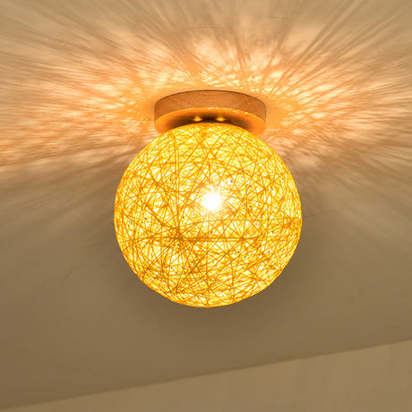 Modernist Rattan Ceiling Mount Light: Blue/Flaxen Globe Shade 6/8 Wide 1 Bulb Flush Lighting For