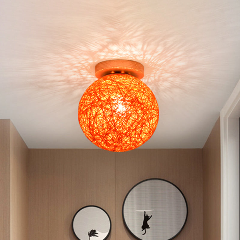 Modernist Rattan Ceiling Mount Light: Blue/Flaxen Globe Shade 6/8 Wide 1 Bulb Flush Lighting For