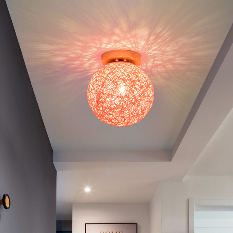 Modernist Rattan Ceiling Mount Light: Blue/Flaxen Globe Shade 6/8 Wide 1 Bulb Flush Lighting For