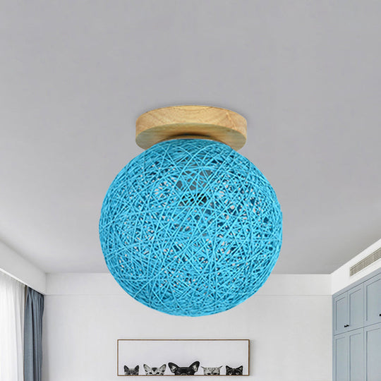 Modernist Rattan Ceiling Mount Light: Blue/Flaxen Globe Shade 6’/8’ Wide 1 Bulb Flush Lighting