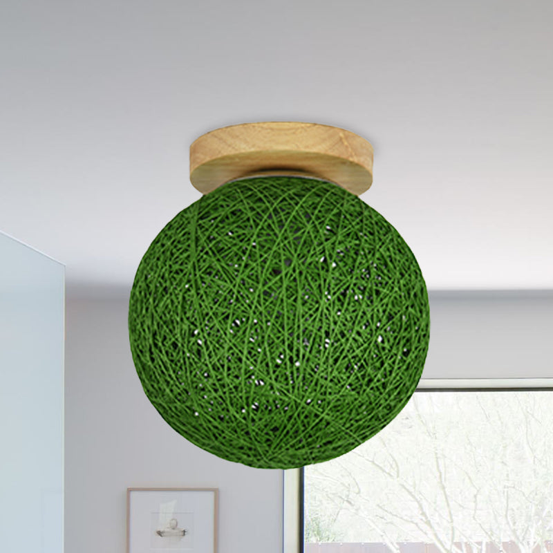 Modernist Rattan Ceiling Mount Light: Blue/Flaxen Globe Shade 6’/8’ Wide 1 Bulb Flush Lighting