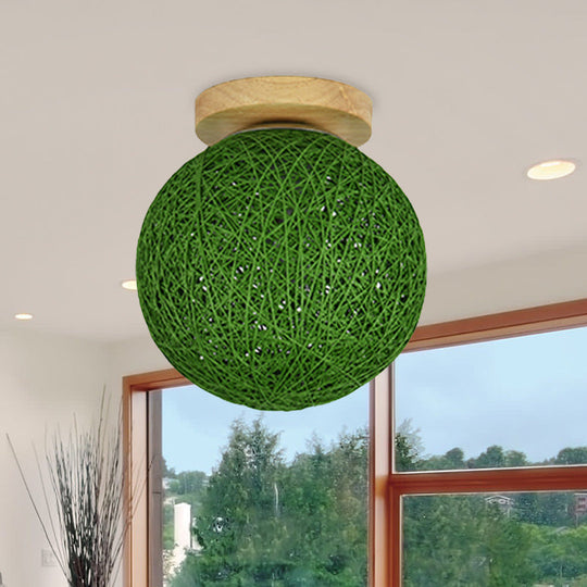 Modernist Rattan Ceiling Mount Light: Blue/Flaxen Globe Shade 6’/8’ Wide 1 Bulb Flush Lighting
