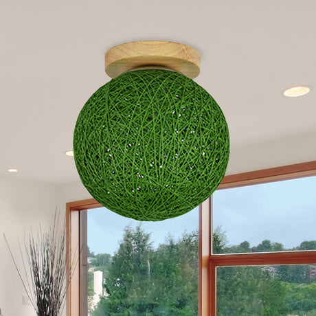 Modernist Rattan Ceiling Mount Light: Blue/Flaxen Globe Shade 6/8 Wide 1 Bulb Flush Lighting For
