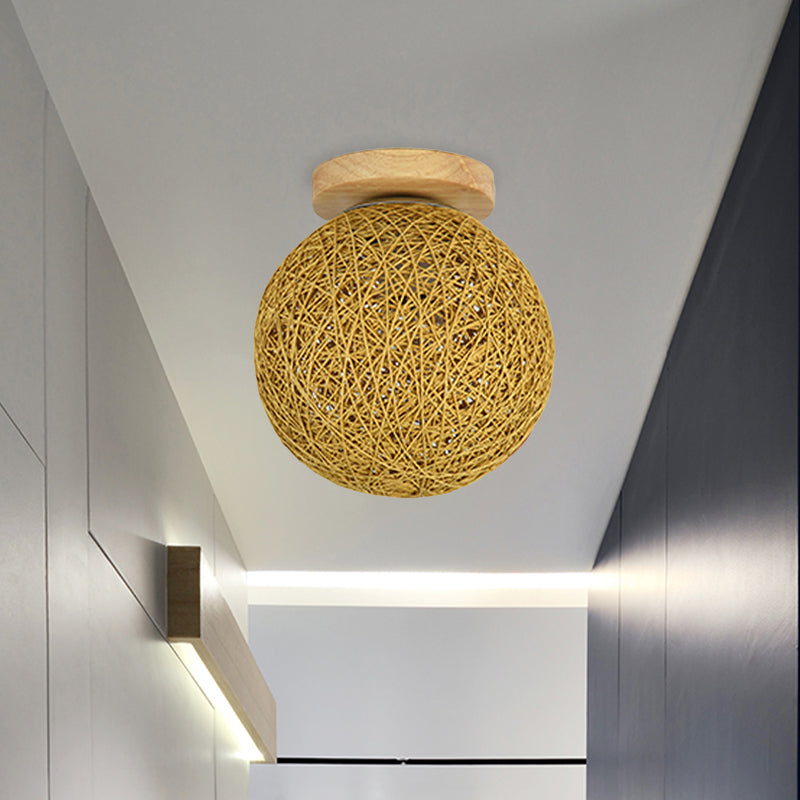 Modernist Rattan Ceiling Mount Light: Blue/Flaxen Globe Shade 6’/8’ Wide 1 Bulb Flush Lighting