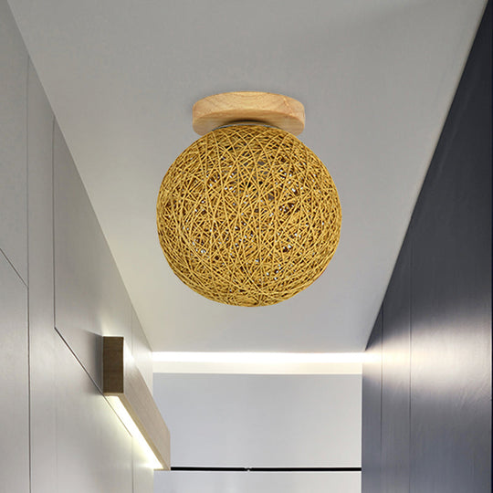 Modernist Rattan Ceiling Mount Light: Blue/Flaxen Globe Shade 6/8 Wide 1 Bulb Flush Lighting For