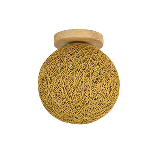 Modernist Rattan Ceiling Mount Light: Blue/Flaxen Globe Shade 6’/8’ Wide 1 Bulb Flush Lighting