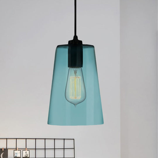 Modern Blue Glass Pendant Lamp With Black Global Shape - 1 Light Ceiling / Barrel