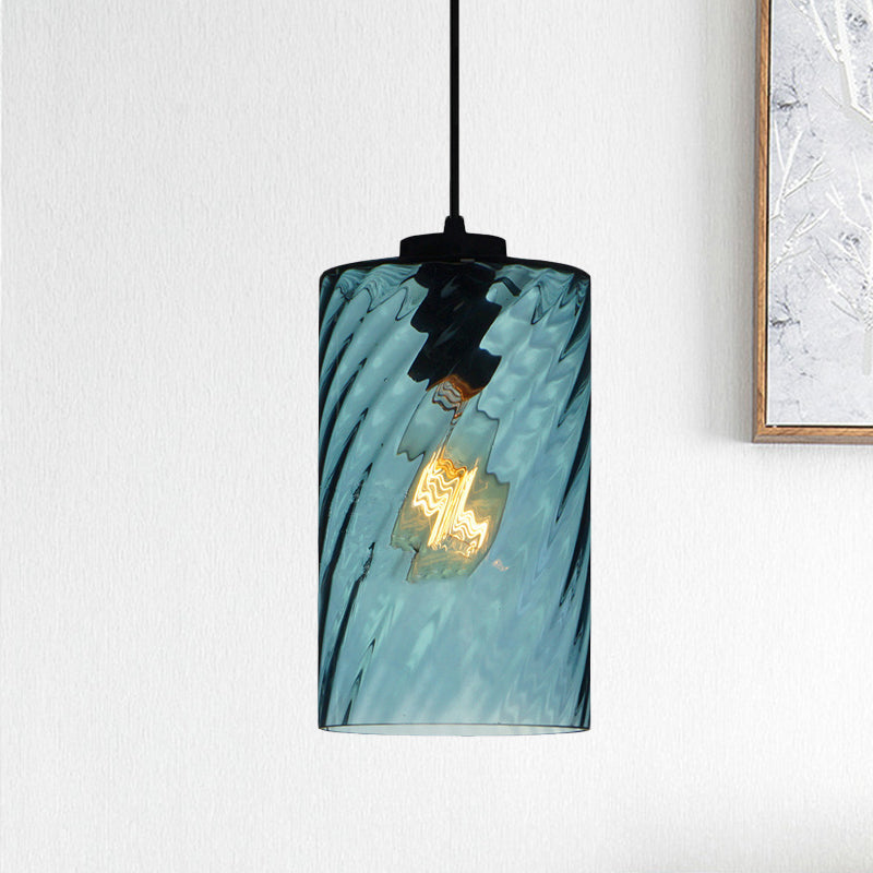 Modernist Blue Glass Pendant Light With Lattice Design And Ceiling Hung Suspension / Cylinder