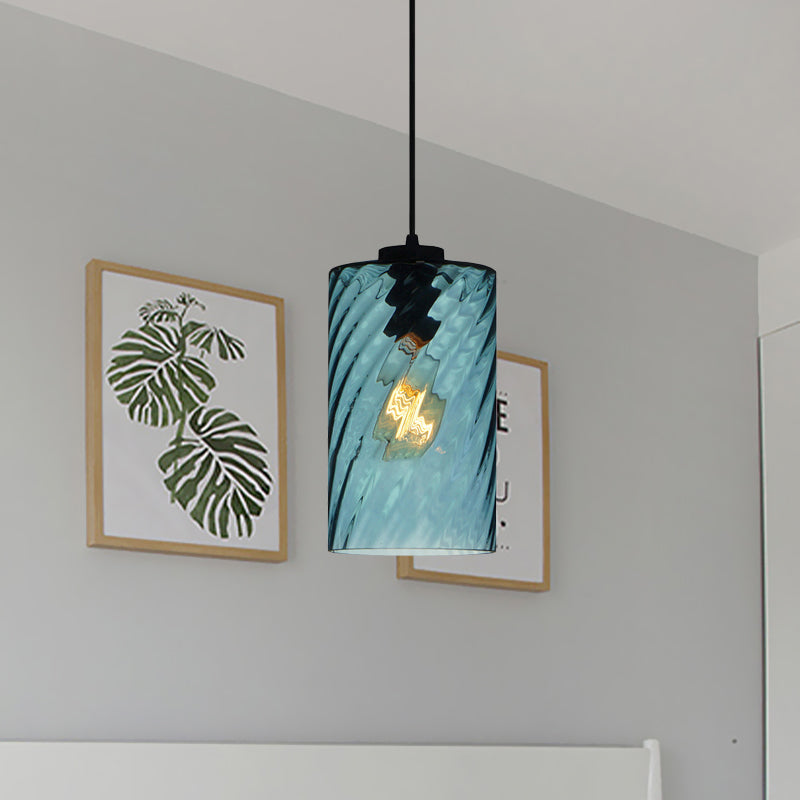 Modernist Blue Glass Pendant Light With Lattice Design And Ceiling Hung Suspension