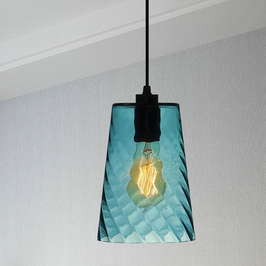 Modern Blue Glass Pendant Light With Unique Lattice Design And Black Ceiling Mount / Barrel