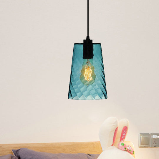 Modern Blue Glass Pendant Light With Unique Lattice Design And Black Ceiling Mount