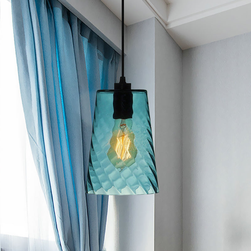 Modernist Blue Glass Pendant Light With Lattice Design And Ceiling Hung Suspension