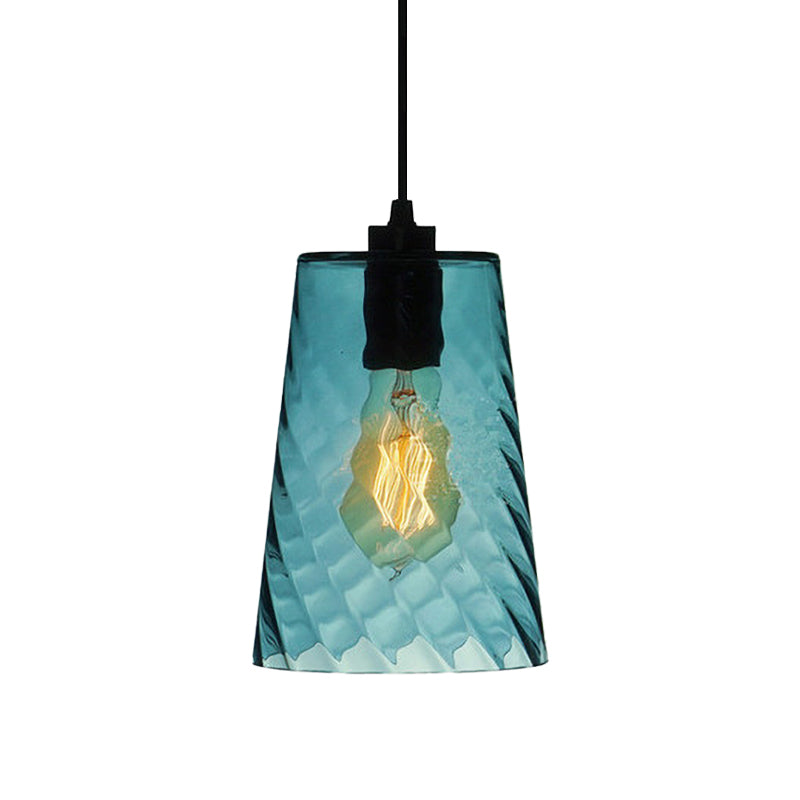 Modern Blue Glass Pendant Light With Unique Lattice Design And Black Ceiling Mount