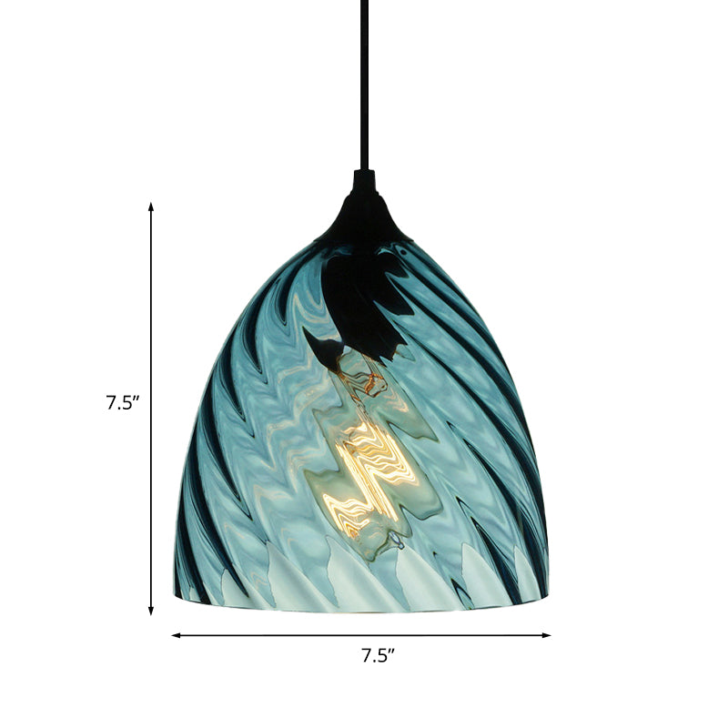 Modern Blue Glass Pendant Light With Unique Lattice Design And Black Ceiling Mount