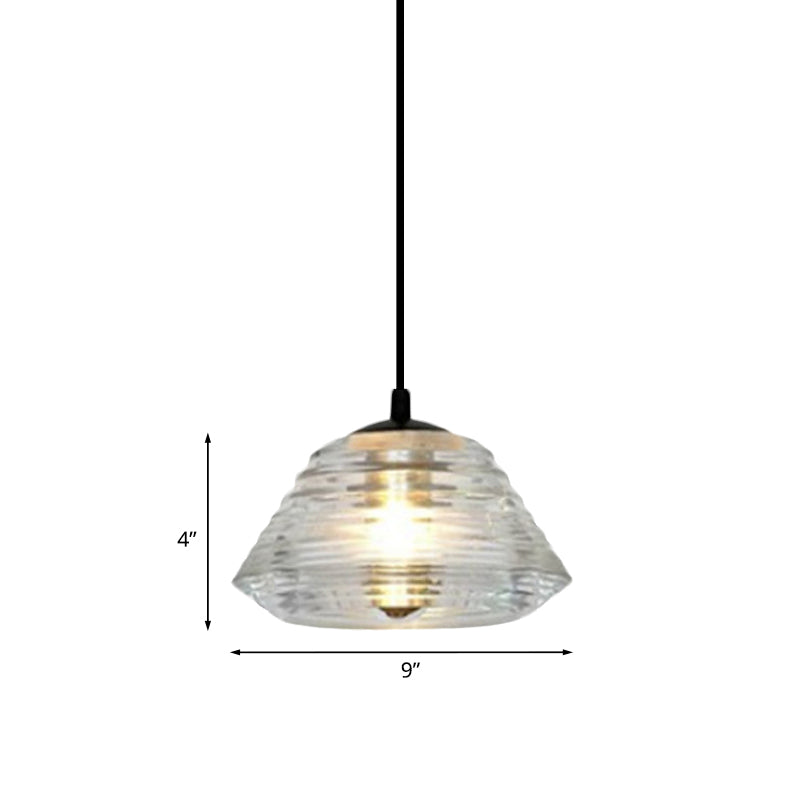 Modernist Clear Ruffle Glass Pendant Lamp - Cone/Dome/Flared Design 1-Light Black Ceiling Hanging