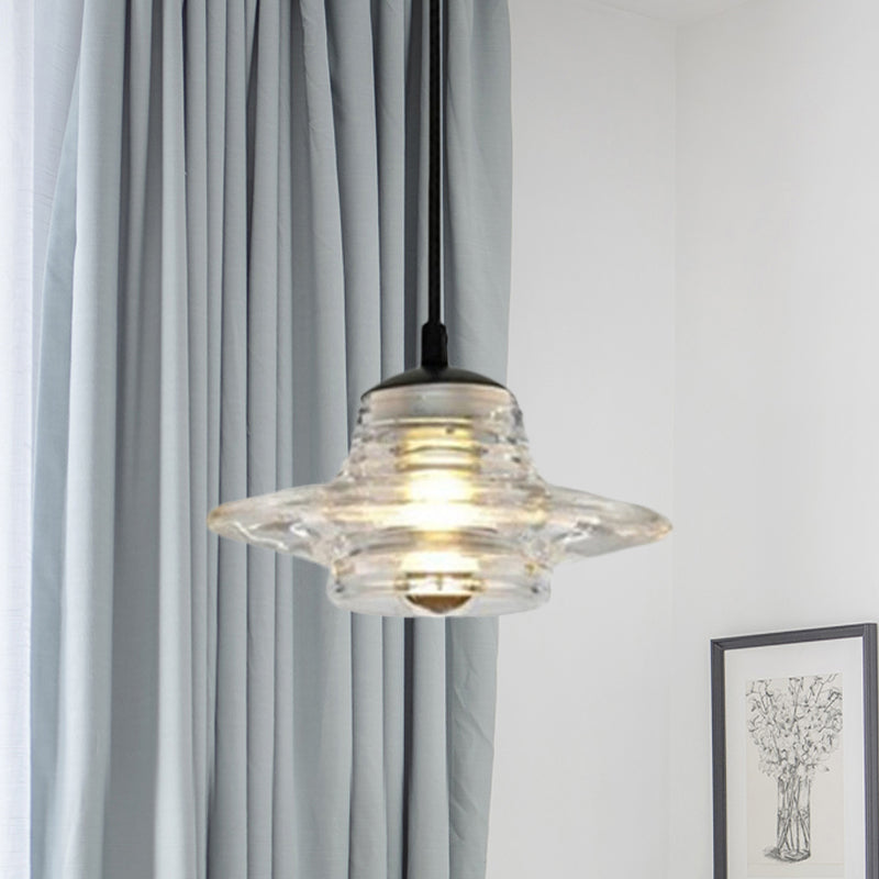 Modernist Clear Ruffle Glass Pendant Lamp - Cone/Dome/Flared Design 1-Light Black Ceiling Hanging