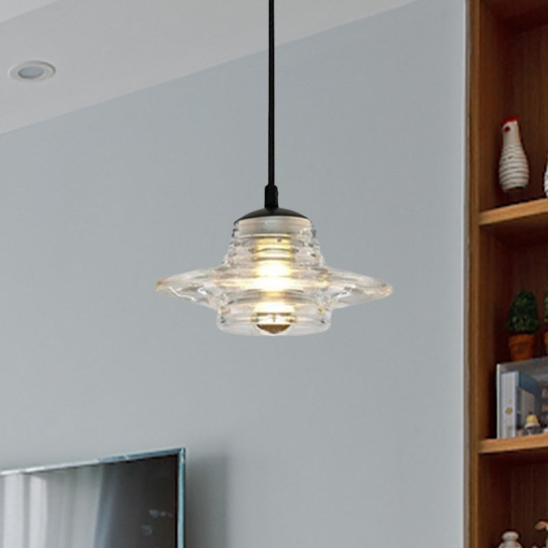 Modernist Clear Ruffle Glass Pendant Lamp - Cone/Dome/Flared Design 1-Light Black Ceiling Hanging