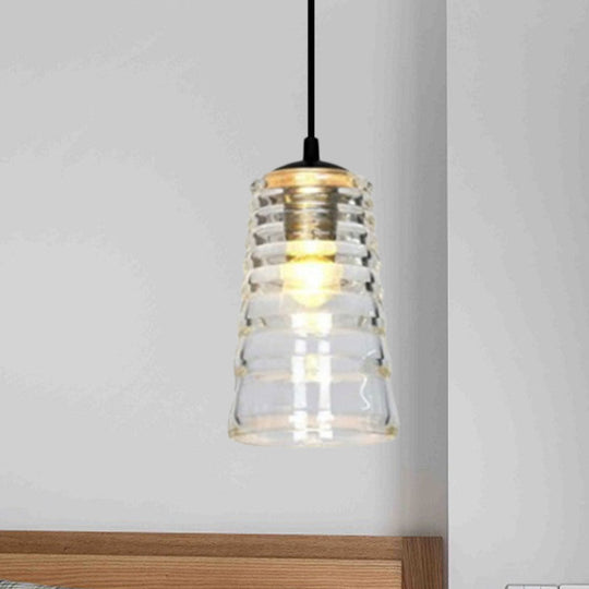 Clear Ruffle Glass Pendant Lighting - Modernist Cone/Dome/Flared Design 1 Light Black Ceiling Lamp