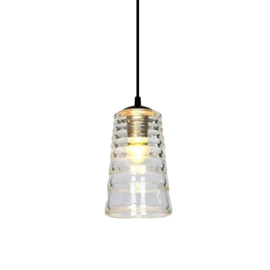 Modernist Clear Ruffle Glass Pendant Lamp - Cone/Dome/Flared Design 1-Light Black Ceiling Hanging