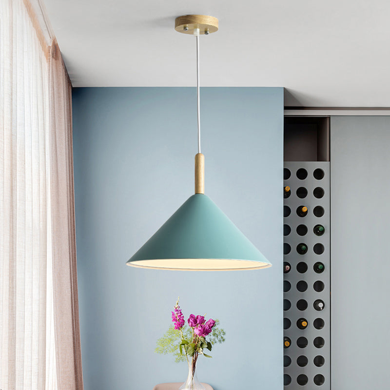 Modern Metal Cone Hanging Pendant Light 1-Light Yellow/Blue 12.5’/16.5’ Dia Blue / 12.5’
