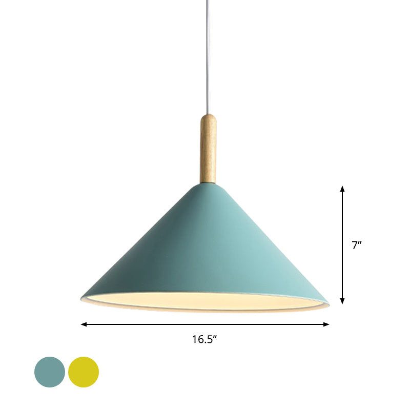Modern Metal Cone Pendant Light With Yellow/Blue Finish 12.5/16.5 Dia