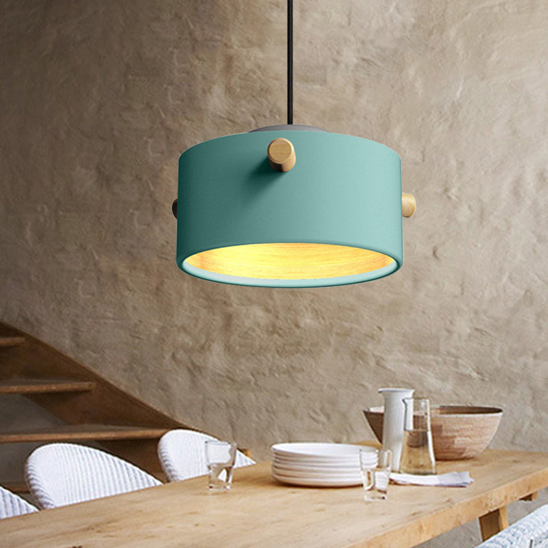 Modern 1 Light Metal Shade Hanging Pendant Green/Pink/White Cylinder Fixture