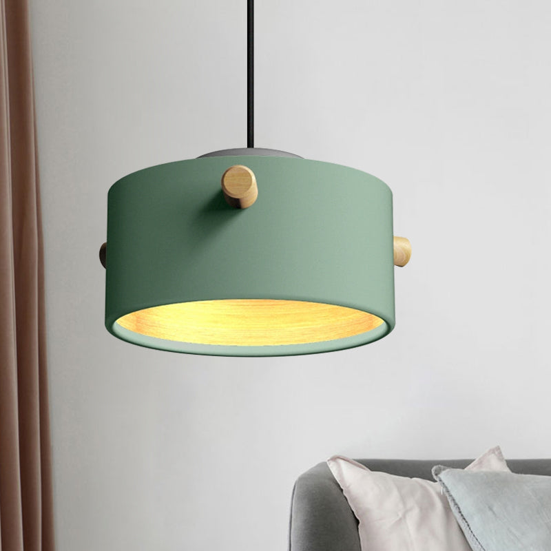 Modern 1 Light Metal Shade Hanging Pendant Green/Pink/White Cylinder Fixture Green / A
