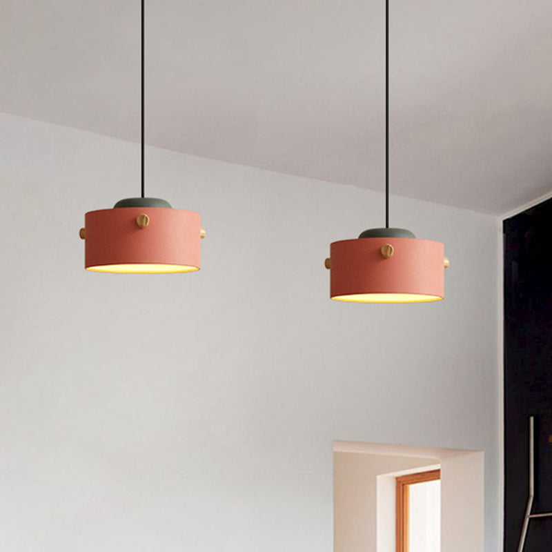 Modern 1 Light Metal Shade Hanging Pendant Green/Pink/White Cylinder Fixture