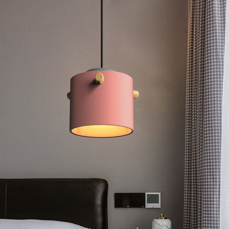 Modern Metal Shade Cylinder Pendant Light Fixture - Green/Pink/White Hanging Lighting