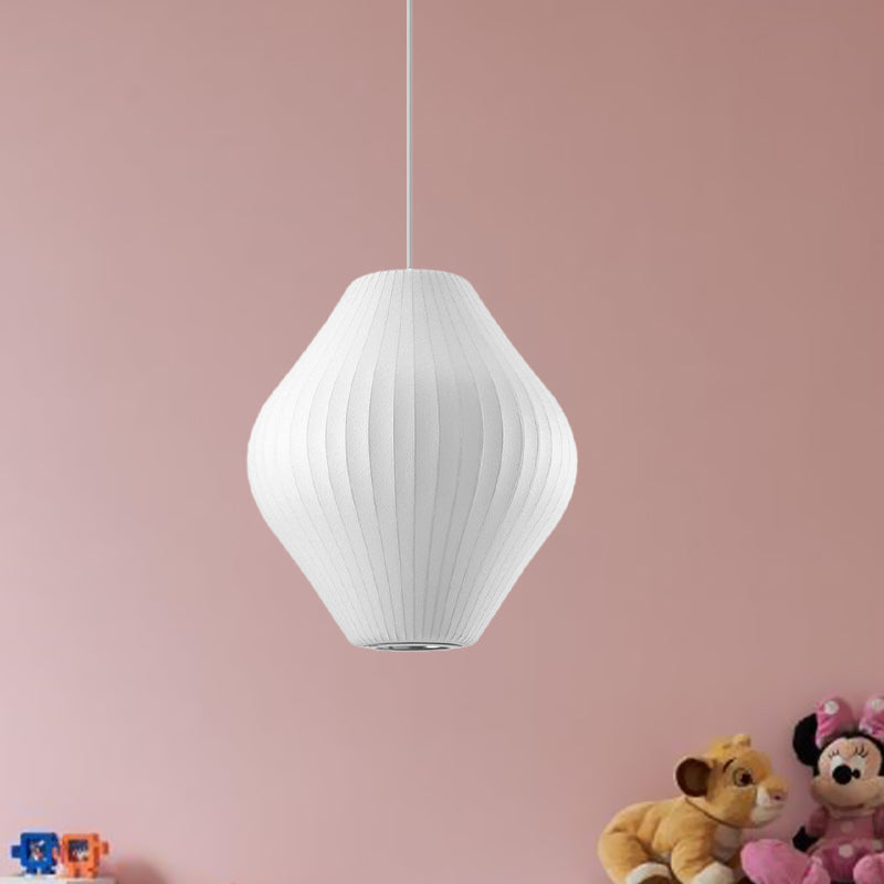 Contemporary White Pendant Light With Pear Fabric Shade - 1 Bulb 12.5/17W