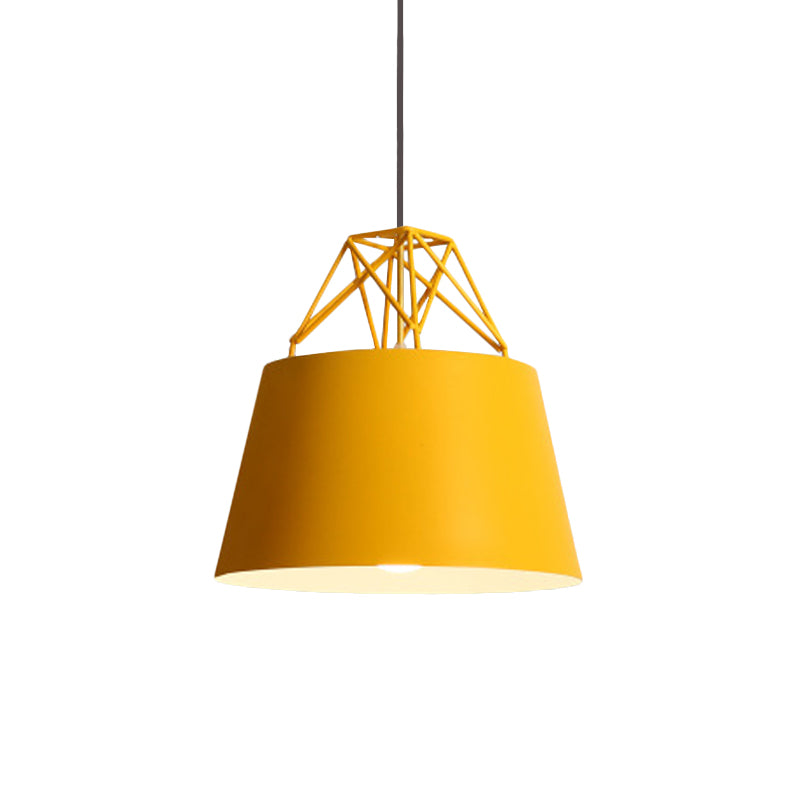 Metallic Bucket Shade Pendant Light - Restaurant Cage 1 Head Hanging Lamp With Iron Wire [Macaron