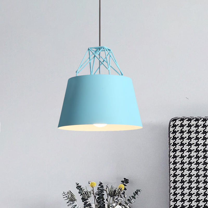 Metallic Bucket Shade Pendant Light - Restaurant Cage 1 Head Hanging Lamp With Iron Wire [Macaron