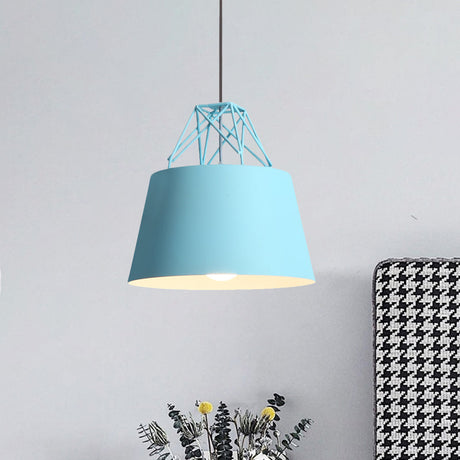 Metallic Bucket Shade Pendant Light - Restaurant Cage 1 Head Hanging Lamp With Iron Wire [Macaron